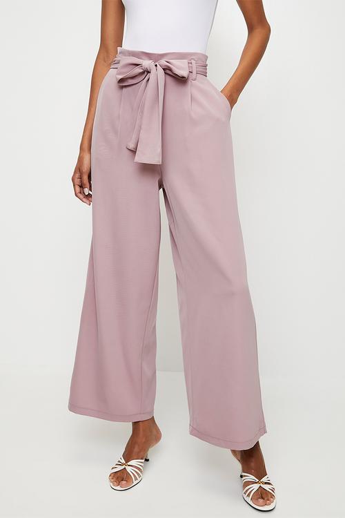 High Wasted Paperbag Trouser with Tie Belt - Dusty Pink