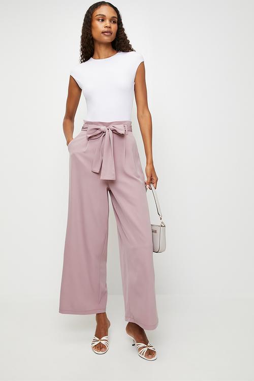High Wasted Paperbag Trouser with Tie Belt - Dusty Pink