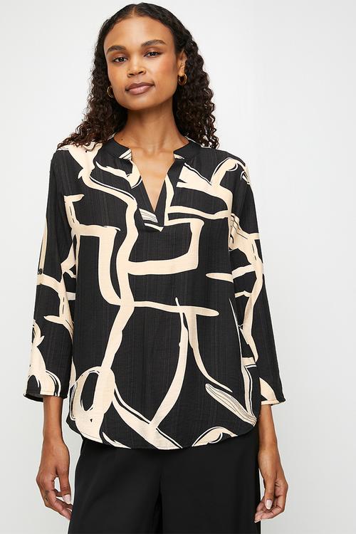 3/4 Sleeve Key Hole Hem Printed Blouse - Black/White