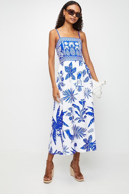 Strappy boobtube pineapple print maxi a-line dress - blue