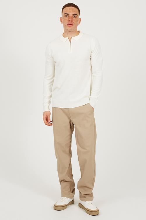 Ribbed Collar 1/4 Zip Placket Top - Off White