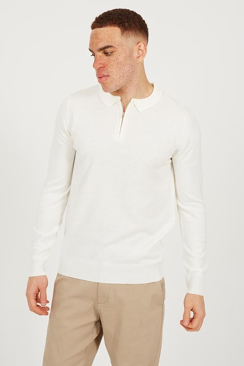 Ribbed Collar 1/4 Zip Placket Top - Off White
