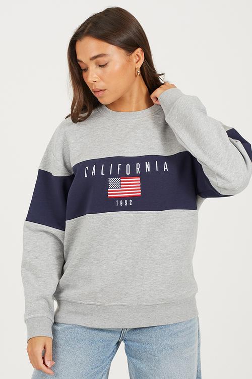 Ladies Long Sleeve Crew Neck - Grey Marl/Navy