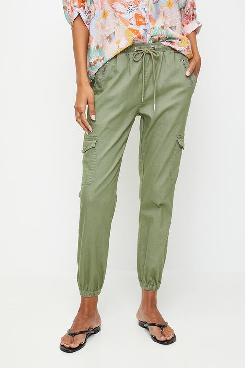 Mid Waist Drawcord Ankle Length Jogger - Khaki