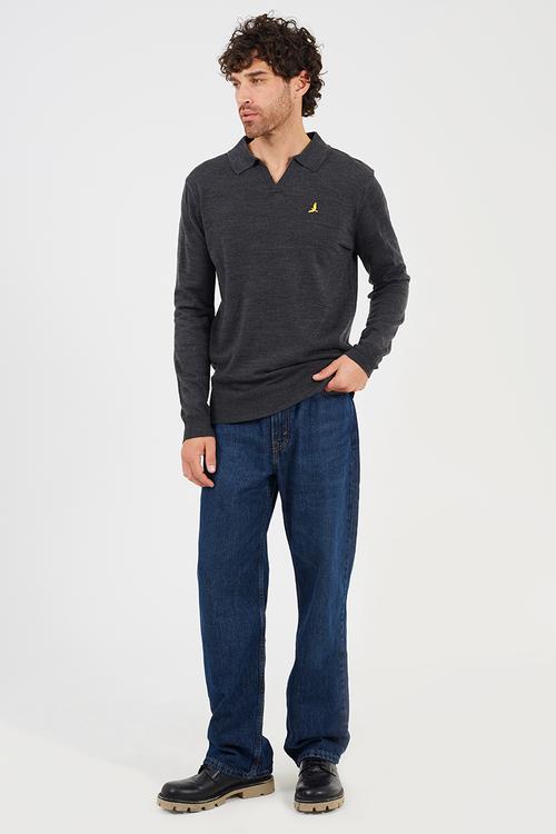 A  Long Sleeve Trophy Neck Polo - Dark Charcoal Marl