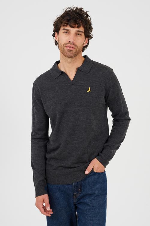 A  Long Sleeve Trophy Neck Polo - Dark Charcoal Marl