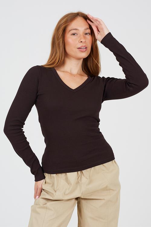 Ladies Long Sleeve V-Neck Ribbed Top - Chocolate