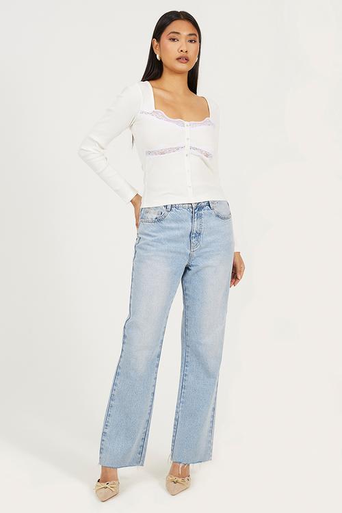 Ladies Long Sleeve Ribbed Top - Cream