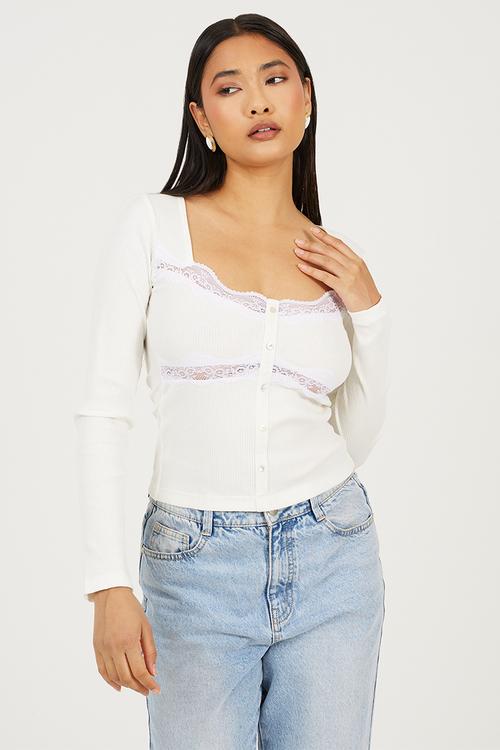 Ladies Long Sleeve Ribbed Top - Cream