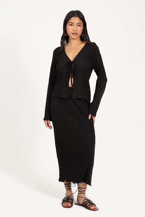 Ladies Long Sleeve Tie Front Textured Jersey Top - Black
