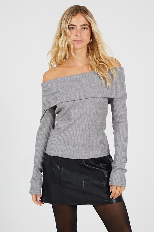 Ladies Off Shoulder Ribbed Long Sleeve Jersey Top - Grey Marl