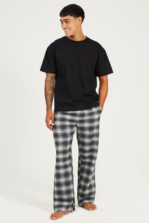 Wide Leg Woven Checked Pants - Grey Check