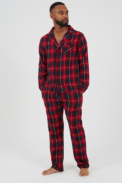 Check Pj Set, Long Sleeve Collared Shirt And Matching Bottoms - Red/Navy Check