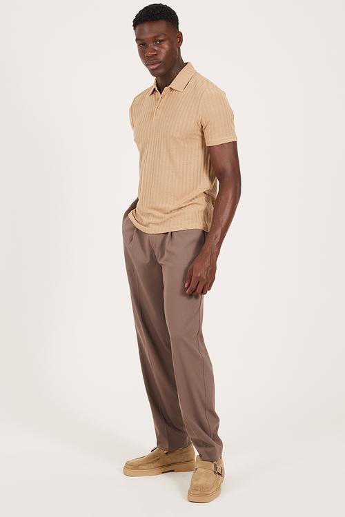 Short Sleeved Button Polo Shirt  - Taupe