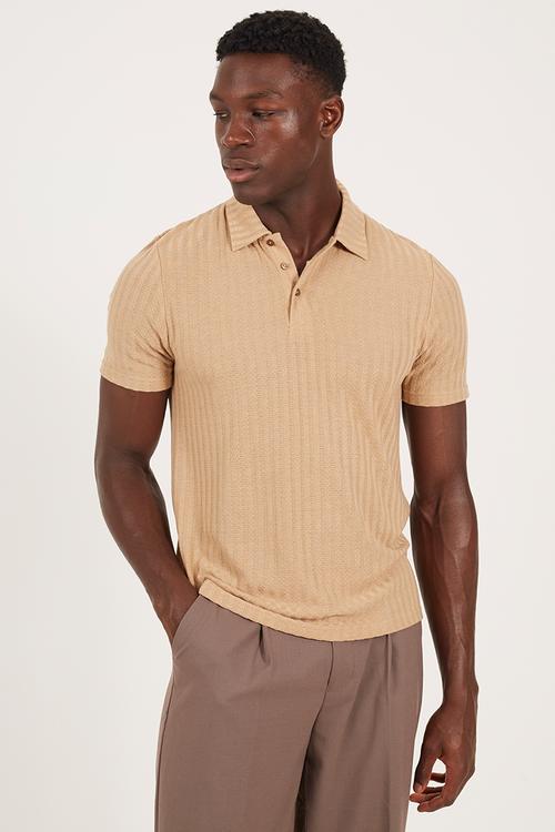 Short Sleeved Button Polo Shirt  - Taupe