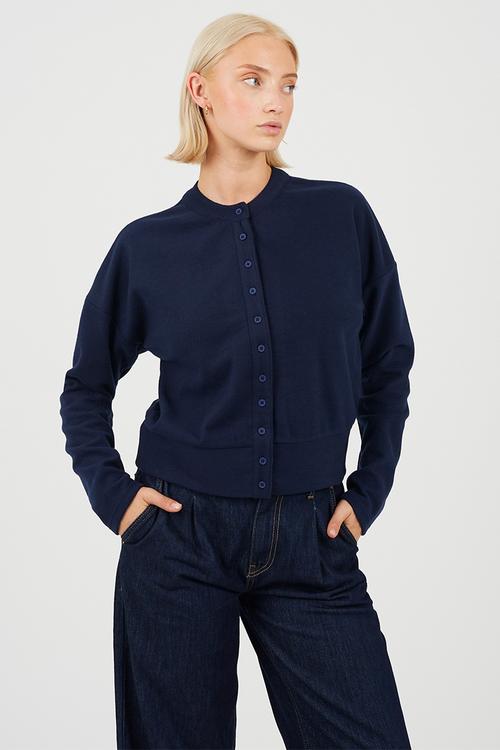 Ladies Long Sleeve Button Down Top - Navy