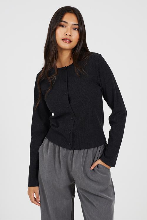 Ladies Ribbed Button Down Long Sleeve Top - Charcoal Marl