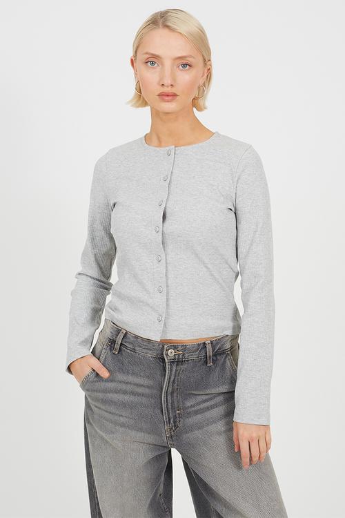 Ladies Ribbed Button Down Long Sleeve Top - Grey Marl