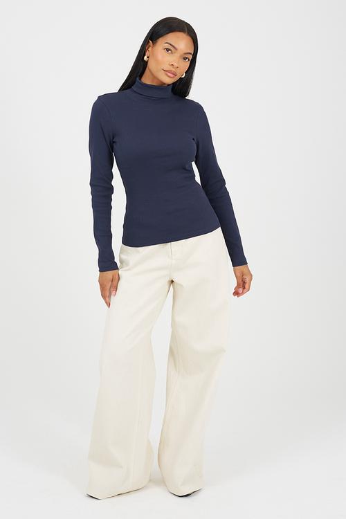 Ladies Rib Roll Neck Long Sleeve Top - Dark Navy