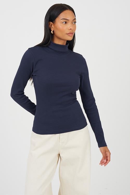 Ladies Rib Roll Neck Long Sleeve Top - Dark Navy