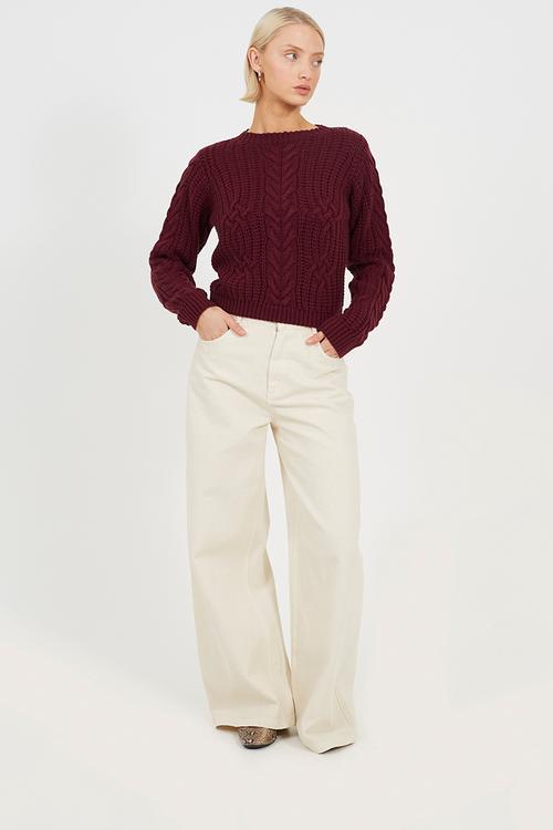 Ladies Crew Neck All Over Cable Jumper - Aubergine