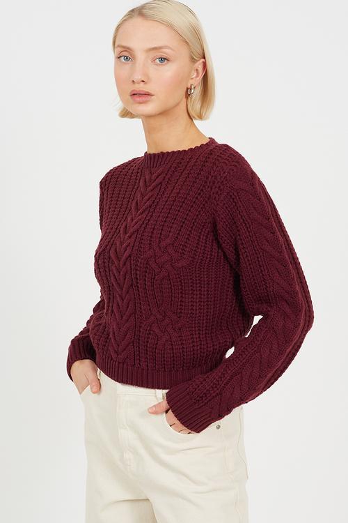 Ladies Crew Neck All Over Cable Jumper - Aubergine