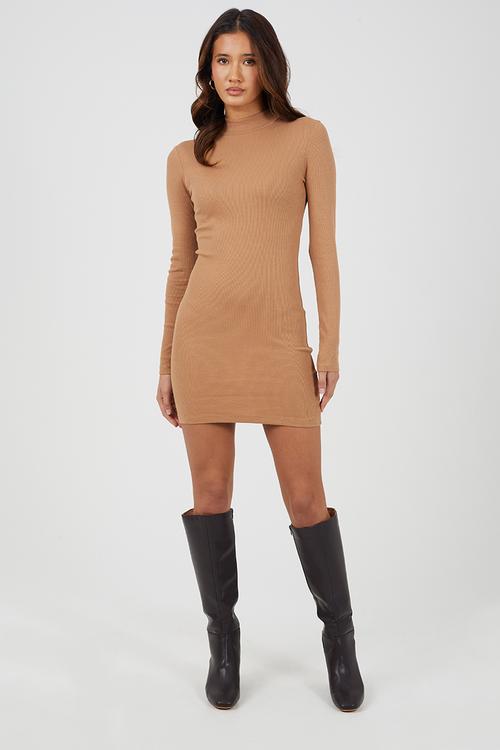 Ladies Long Sleeve Turtle Neck Dress - New Camel