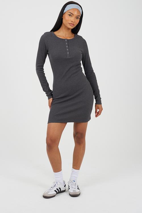 Ladies Ribbed Long Sleeve Midi Dress - Charcoal Marl