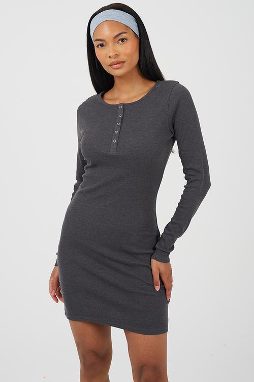 Ladies Ribbed Long Sleeve Midi Dress - Charcoal Marl