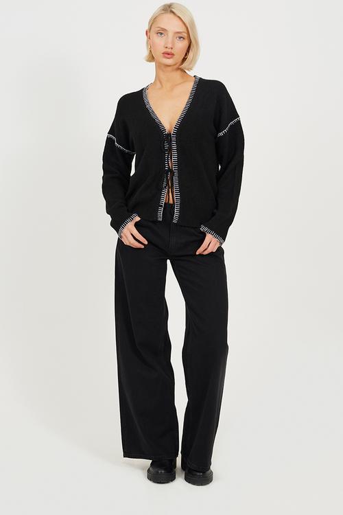 Ladies Jersey Knit With Tie Front - Black/Ivory Stitch