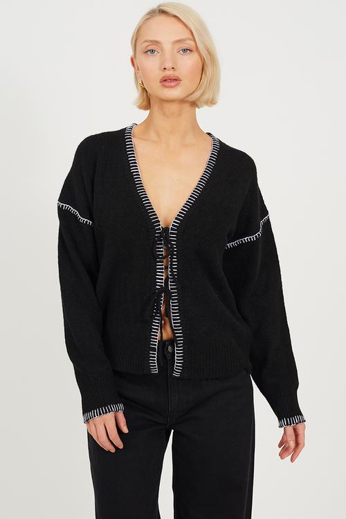 Ladies Jersey Knit With Tie Front - Black/Ivory Stitch