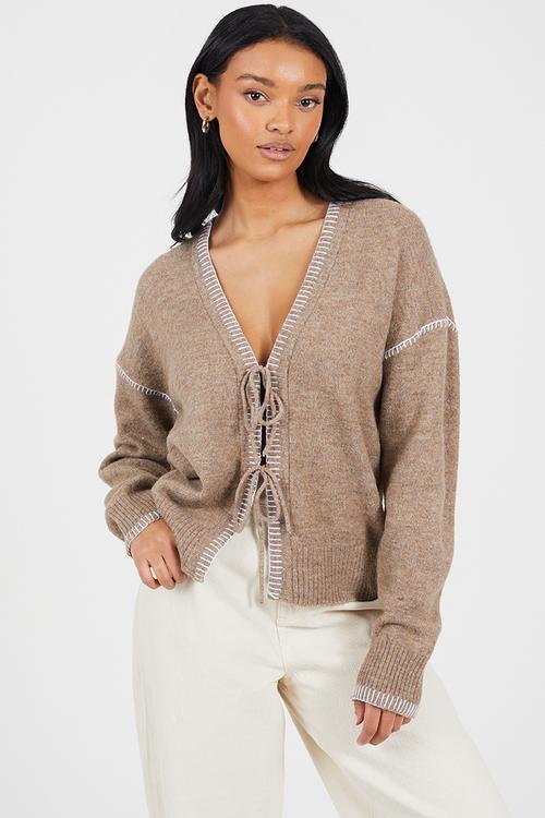 Ladies Jersey Knit With Tie Front - Mink/Ivory