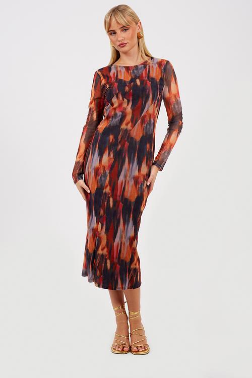 Ladies Long Sleeve Printed Mesh Dress - Orange/Multi Print