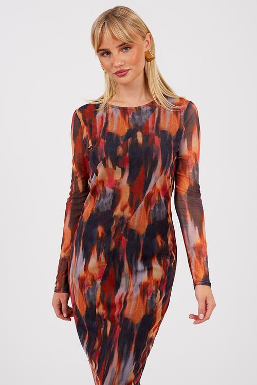 Ladies Long Sleeve Printed Mesh Dress - Orange/Multi Print