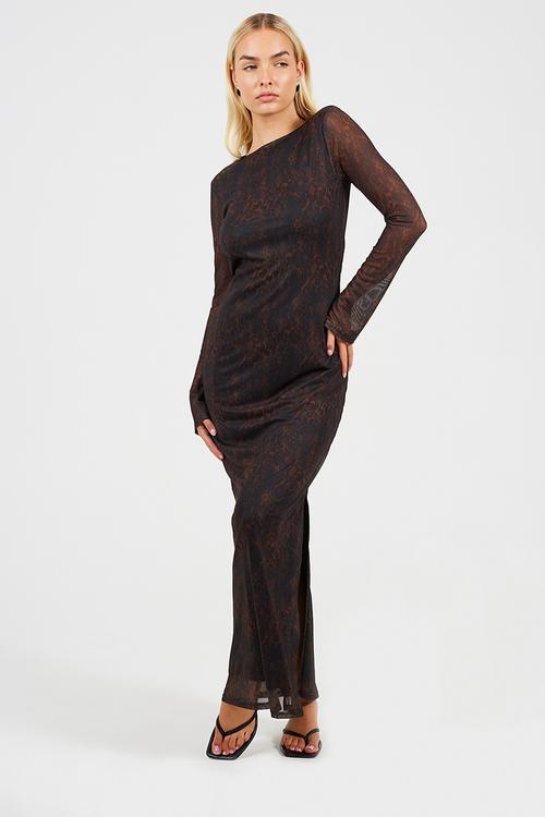 Ladies Long Sleeve Maxi Mesh Snake Print Dress - Brown Snake Print