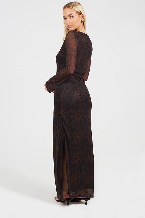 Ladies Long Sleeve Maxi Mesh Snake Print Dress - Brown Snake Print