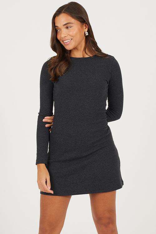 Ladies Long Sleeve Ribbed Midi Dress - Dark Charcoal Marl