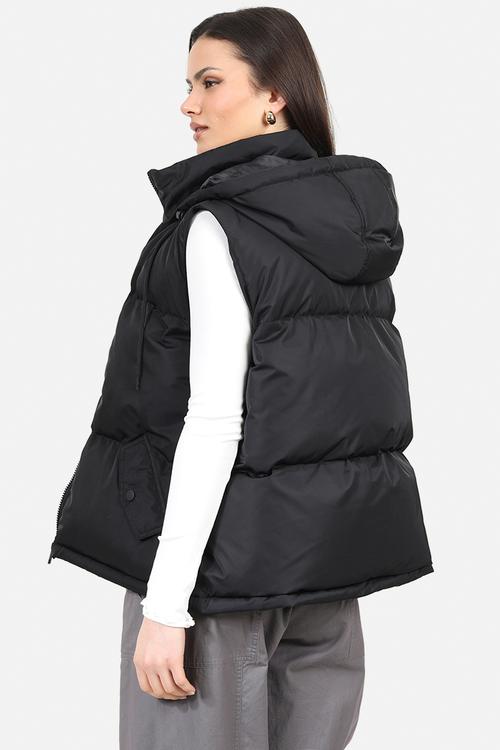 Ladies Padded Short Gilet With Fixed Hood Zipper - Black