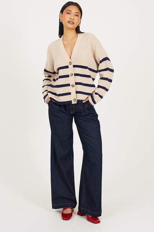 Ladies V Neck Stripe Cardi - Oatmeal/Navy Stripe