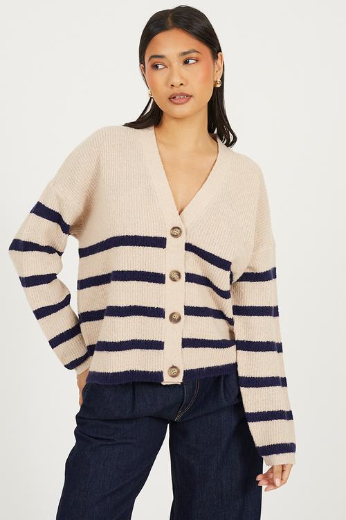 Ladies V Neck Stripe Cardi - Oatmeal/Navy Stripe