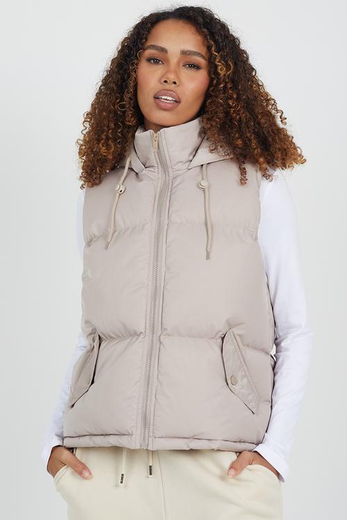 Ladies Padded Short Gilet With Fixed Hood - Stone