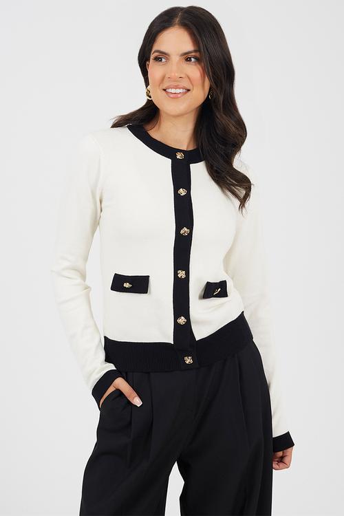 Ladies  Button Through Cardigan - Cream/Black