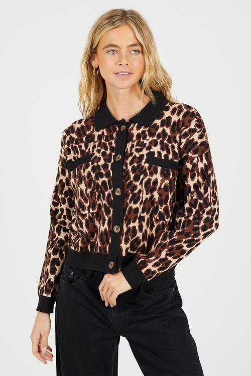 Ladies All Over Animal Knit Button Through Jacket - Animal Print