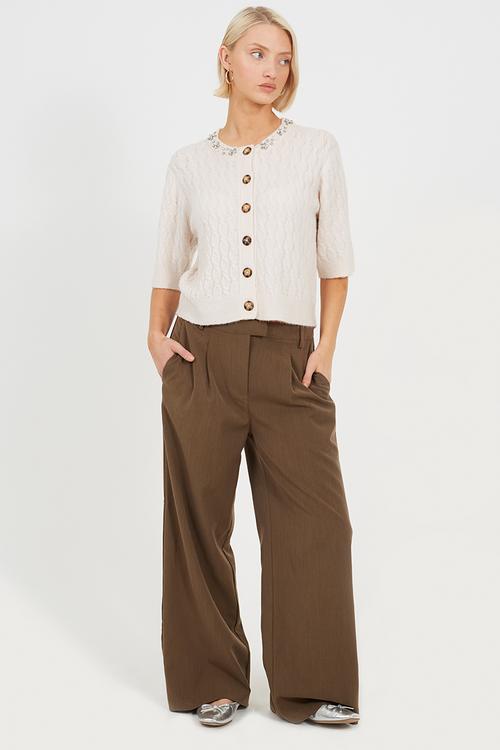 Ladies Cable Knit Crew Neck Cardi - Oatmeal