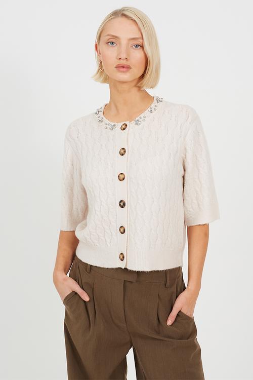 Ladies Cable Knit Crew Neck Cardi - Oatmeal
