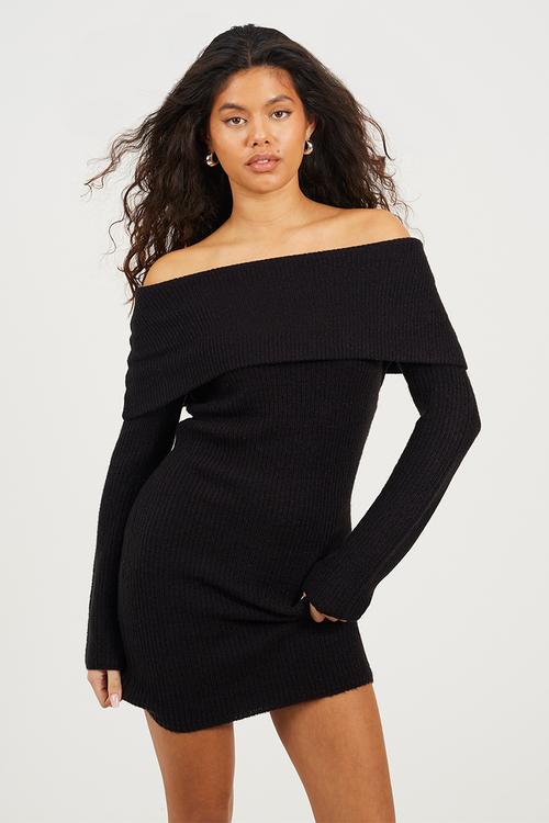 Ladies Bardot Knit Dress - Black