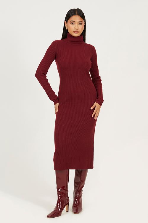 Ladies Long Line Skinny Ribbed Roll Neck Dress - Wine