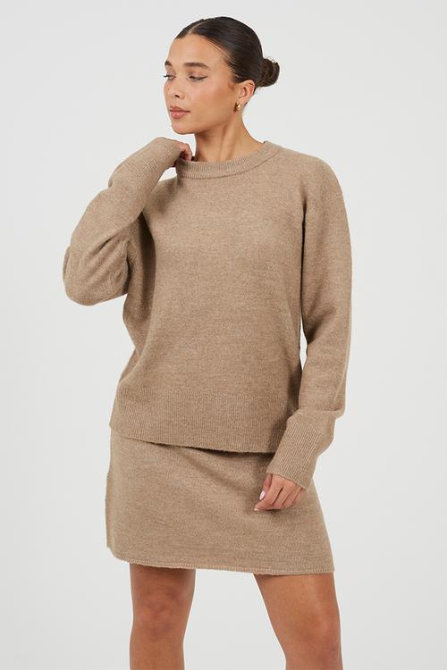Ladies Knitted Co-Ord Matching Set With Crew Neck Loose Fit Jumper And Align Skirt - Mink