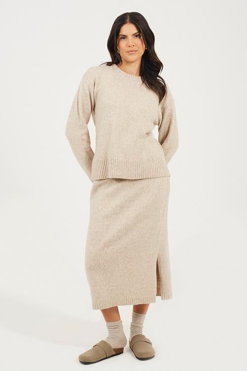Ladies Knitted Skirt Set/Coord With Crew Neck Jumper And Longer Length Skirt - Oatmeal