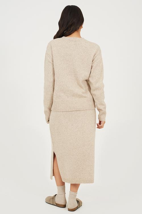 Ladies Knitted Skirt Set/Coord With Crew Neck Jumper And Longer Length Skirt - Oatmeal